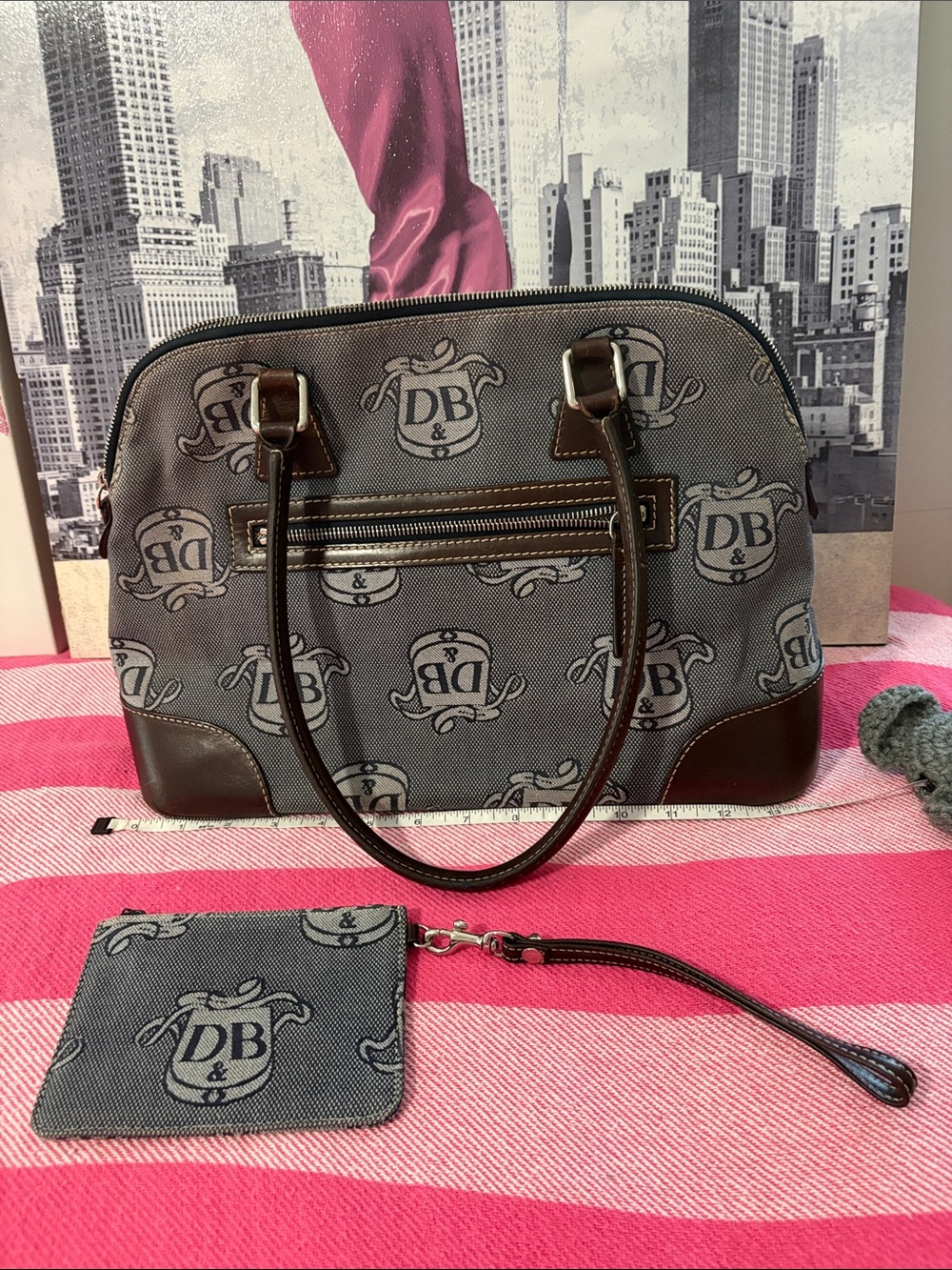 Dooney & Bourke denim blue Logo Satchel with Brown Trim and Matching Wristlet - Picture 2 of 15
